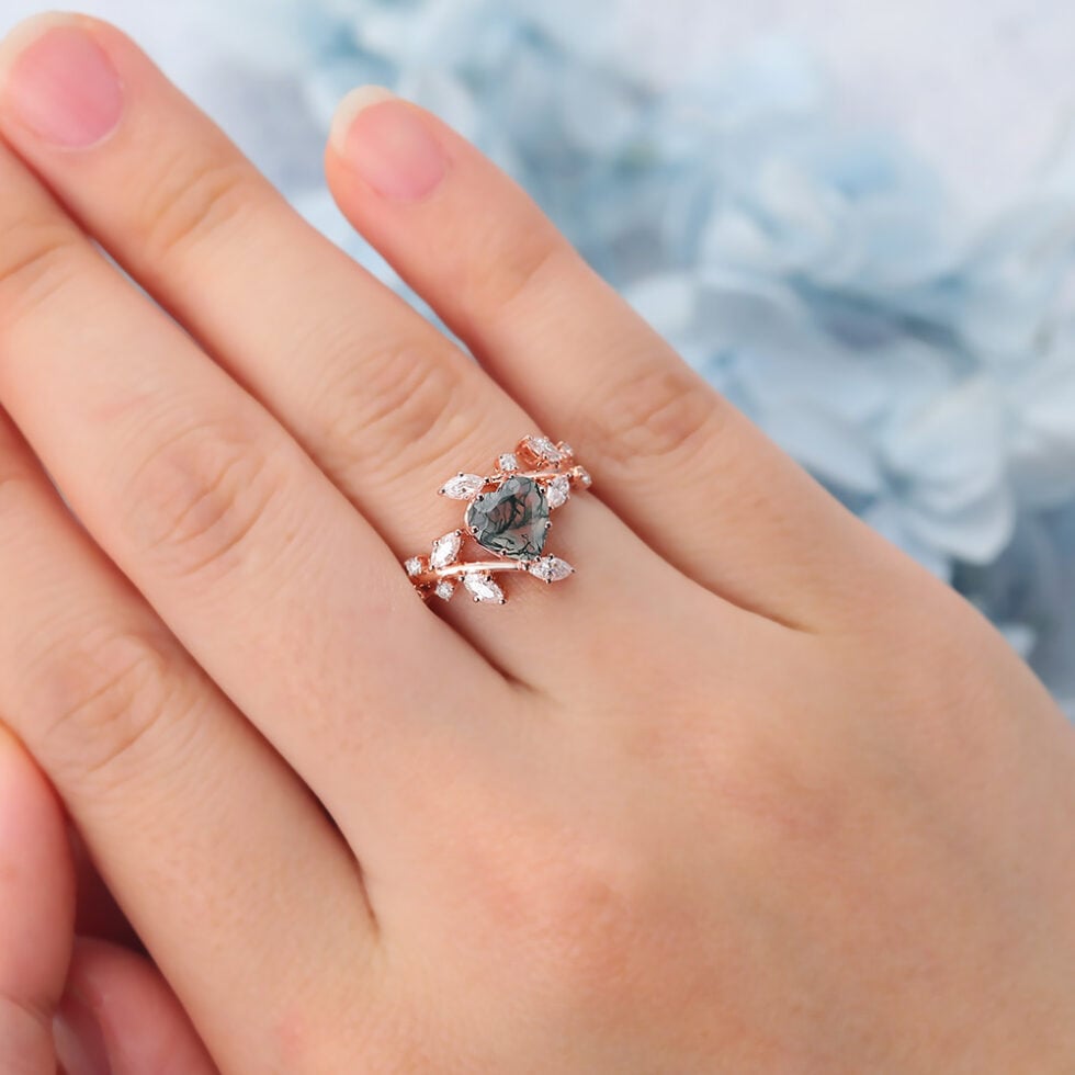 Heart Cut Moss Agate Engagement Ring Natural-Inspired Bypass Band