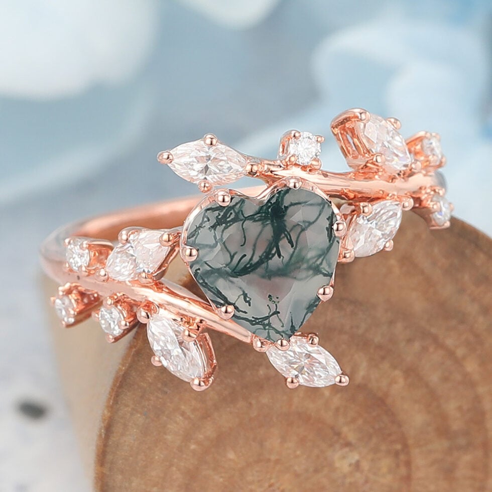 Heart Cut Moss Agate Engagement Ring Natural-Inspired Bypass Band
