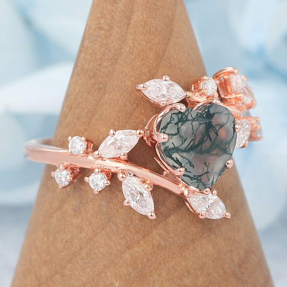 Heart Cut Moss Agate Engagement Ring Natural-Inspired Bypass Band