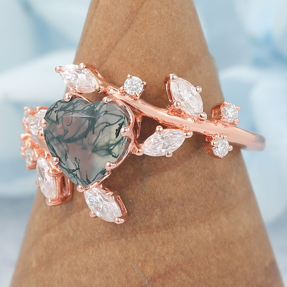 Heart Cut Moss Agate Engagement Ring Natural-Inspired Bypass Band (6) Heart Cut Moss Agate Engagement Ring Natural-Inspired Bypass Band (6)