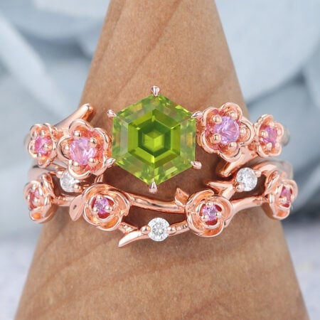 Hexagon Cut Peridot Bridal Ring Set Nature-Inspired Engagement Ring