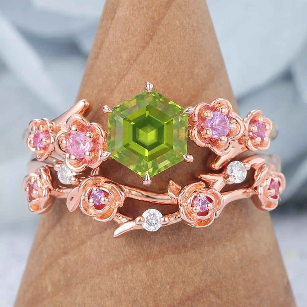 Hexagon Cut Peridot Bridal Ring Set Nature-Inspired Engagement Ring