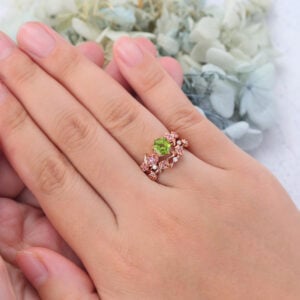 Hexagon Cut Peridot Bridal Ring Set Nature-Inspired Engagement Ring