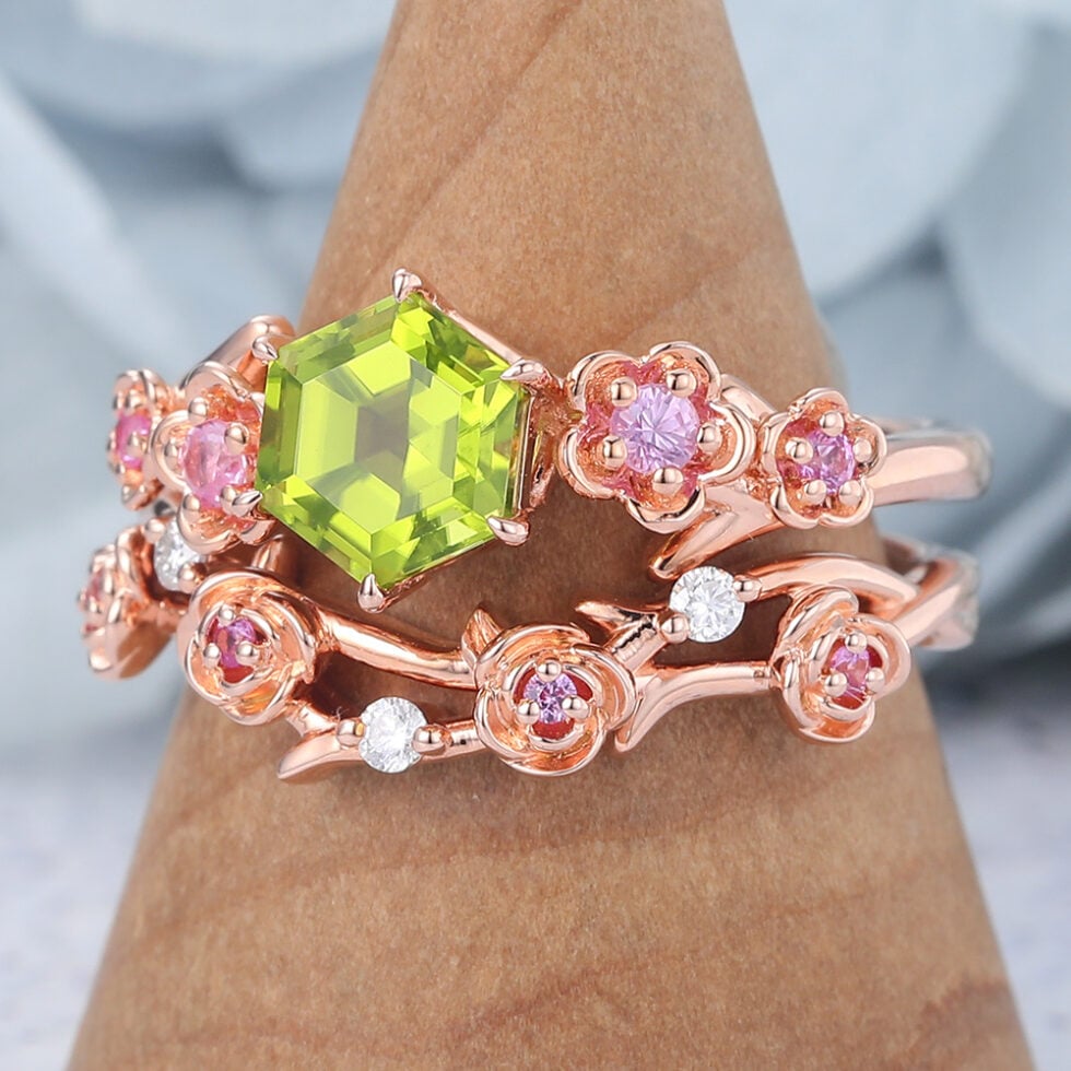 Hexagon Cut Peridot Bridal Ring Set Nature-Inspired Engagement Ring