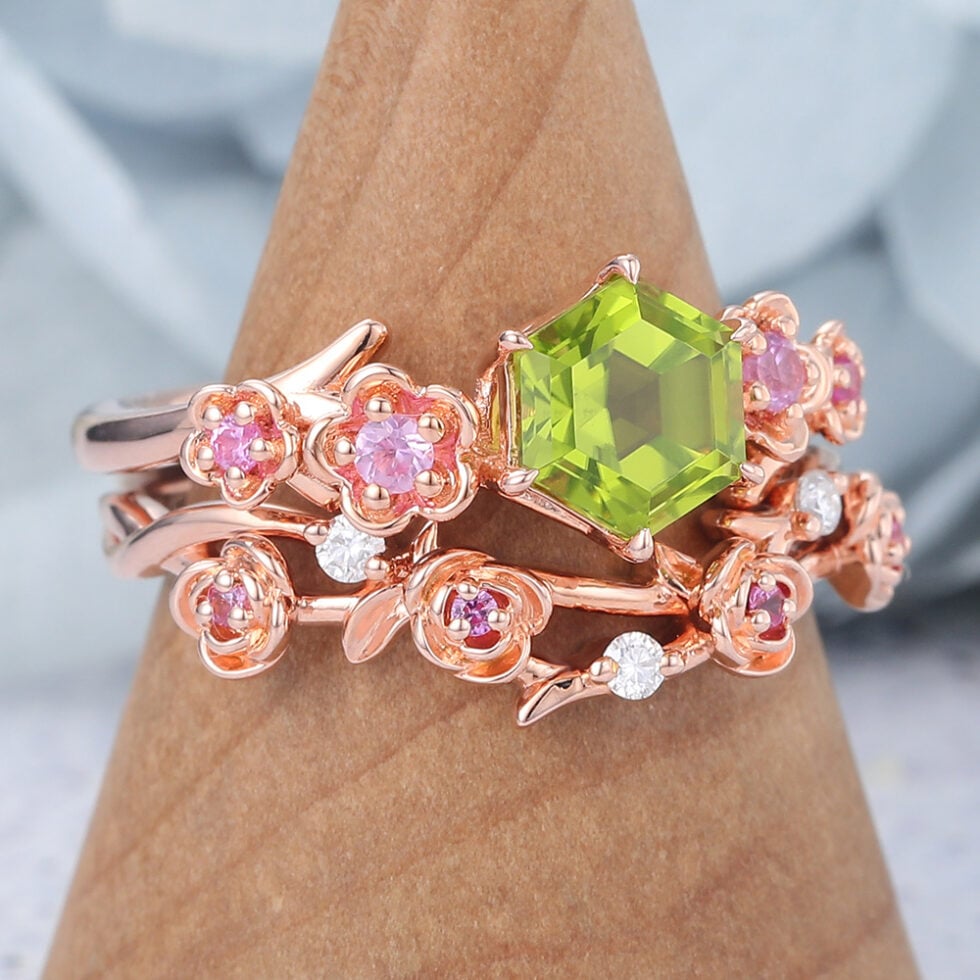 Hexagon Cut Peridot Bridal Ring Set Nature-Inspired Engagement Ring