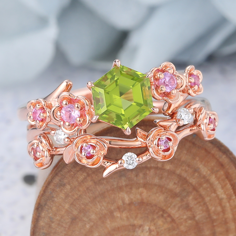 Hexagon Cut Peridot Bridal Ring Set Nature-Inspired Engagement Ring (5) Hexagon Cut Peridot Bridal Ring Set Nature-Inspired Engagement Ring (5)