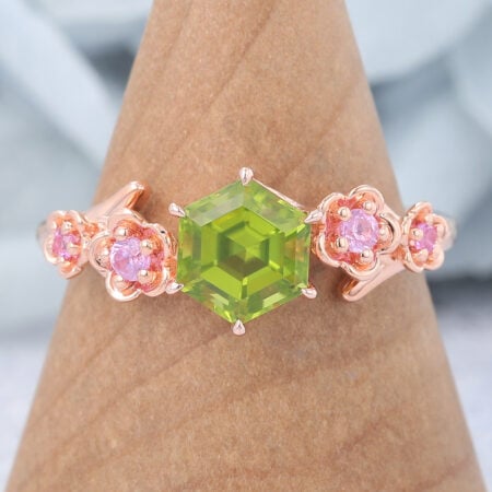Hexagon Cut Peridot Engagement Ring Natural-Inspired Band