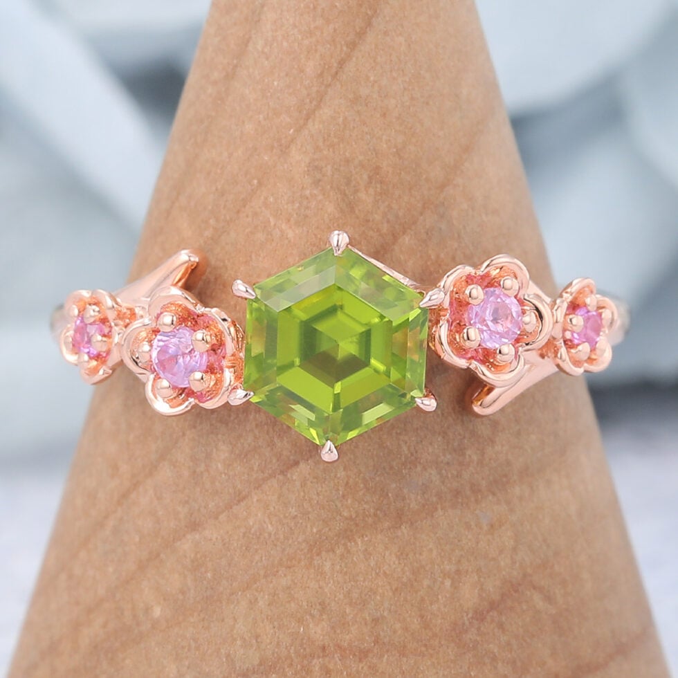 Hexagon Cut Peridot Engagement Ring Natural-Inspired Band