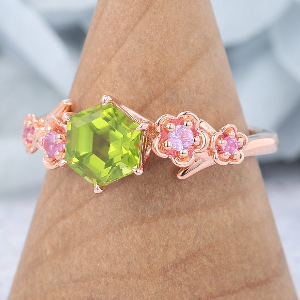 Hexagon Cut Peridot Engagement Ring Natural-Inspired Band