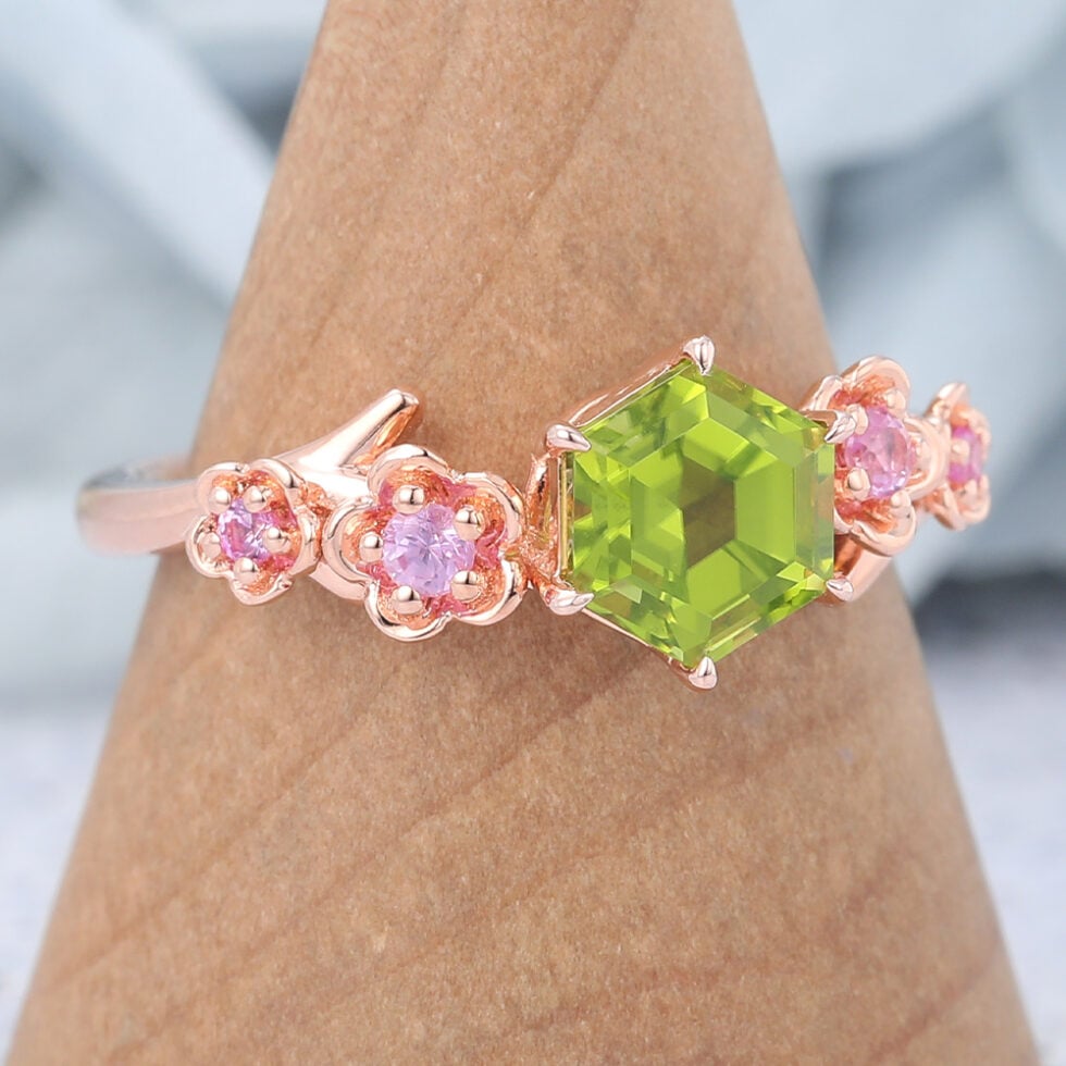 Hexagon Cut Peridot Engagement Ring Natural-Inspired Band