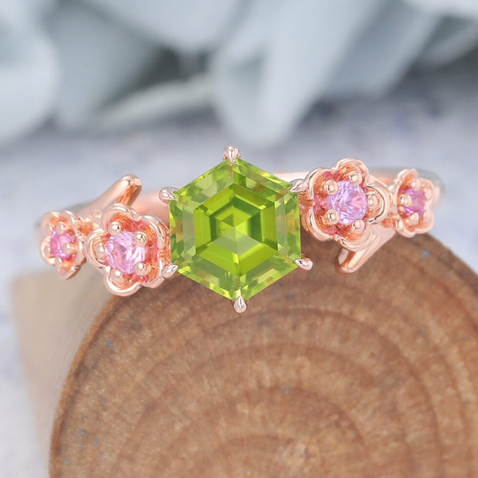 Hexagon Cut Peridot Engagement Ring Natural-Inspired Band