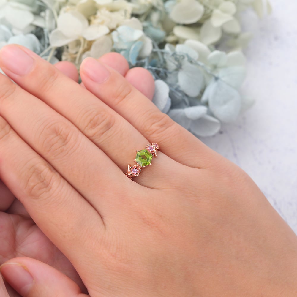 Hexagon Cut Peridot Engagement Ring Natural-Inspired Band