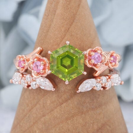 Hexagon Cut Peridot Nature-Inspired Bridal Ring Set with Pink Sapphire Accents