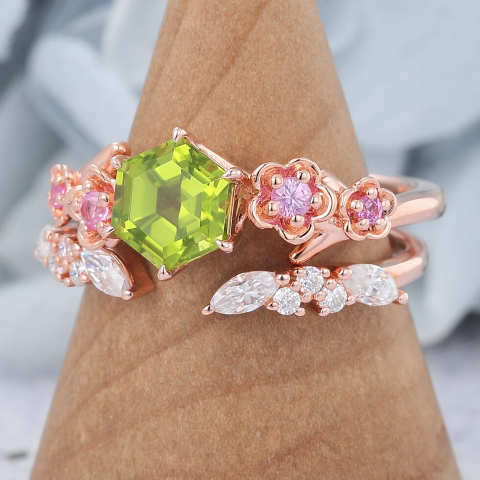 Hexagon Cut Peridot Nature-Inspired Bridal Ring Set with Pink Sapphire Accents