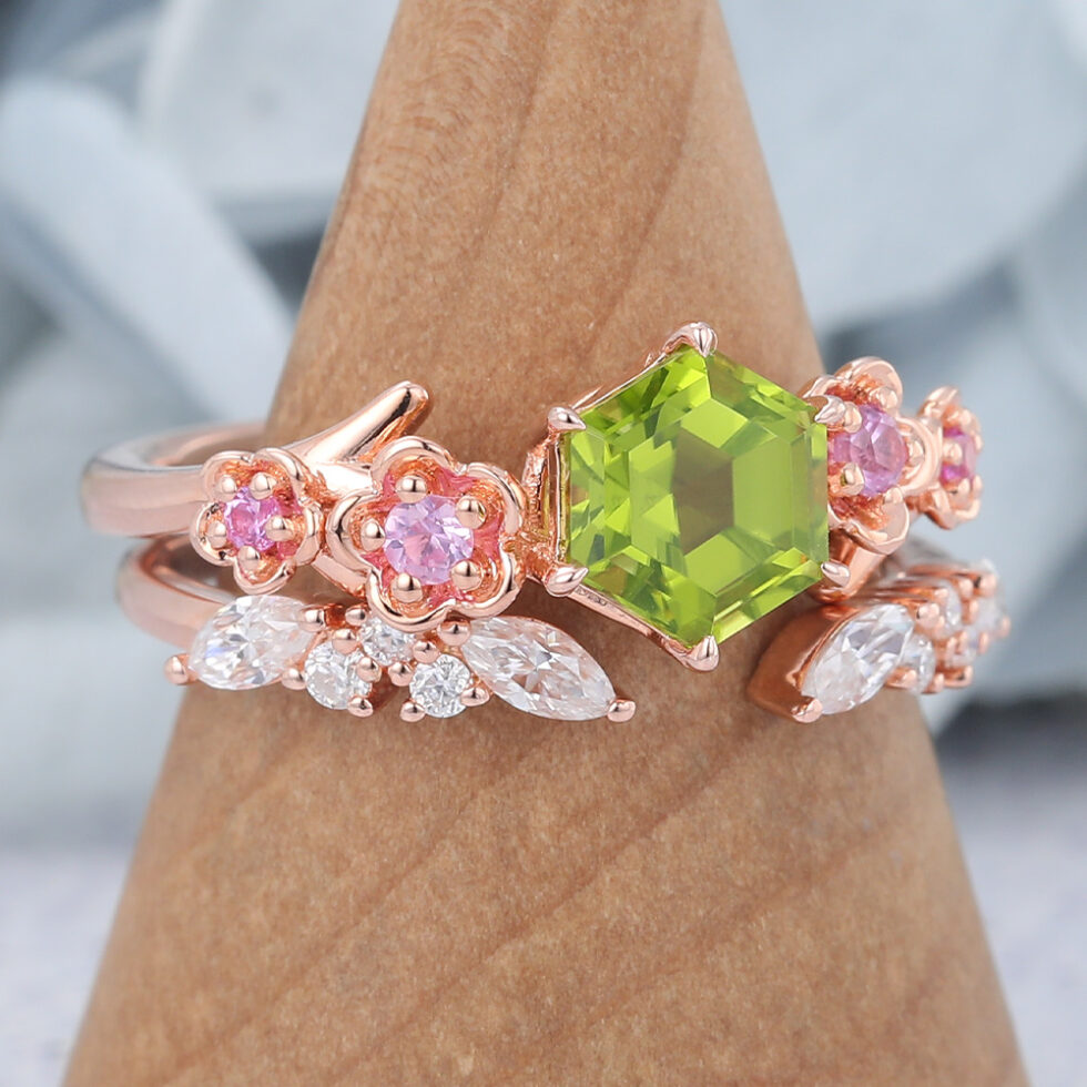 Hexagon Cut Peridot Nature-Inspired Bridal Ring Set with Pink Sapphire Accents