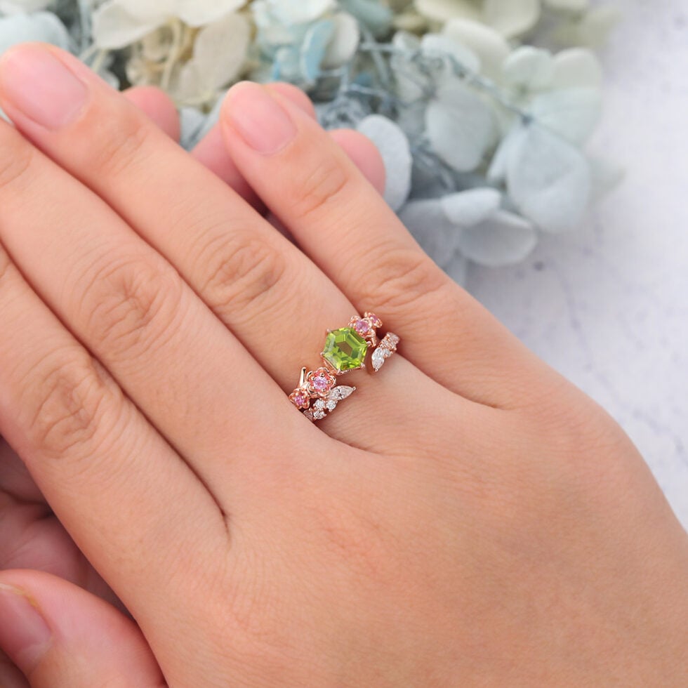 Hexagon Cut Peridot Nature-Inspired Bridal Ring Set with Pink Sapphire Accents