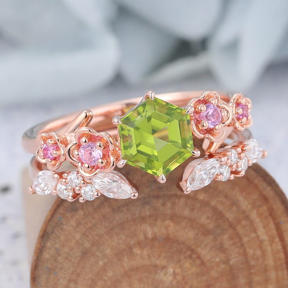 Hexagon Cut Peridot Nature-Inspired Bridal Ring Set with Pink Sapphire Accents