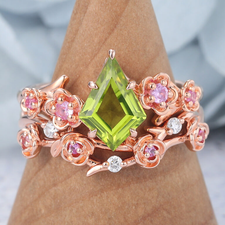 Kite Cut Peridot Bridal Ring Set Nature-Inspired Engagement Ring