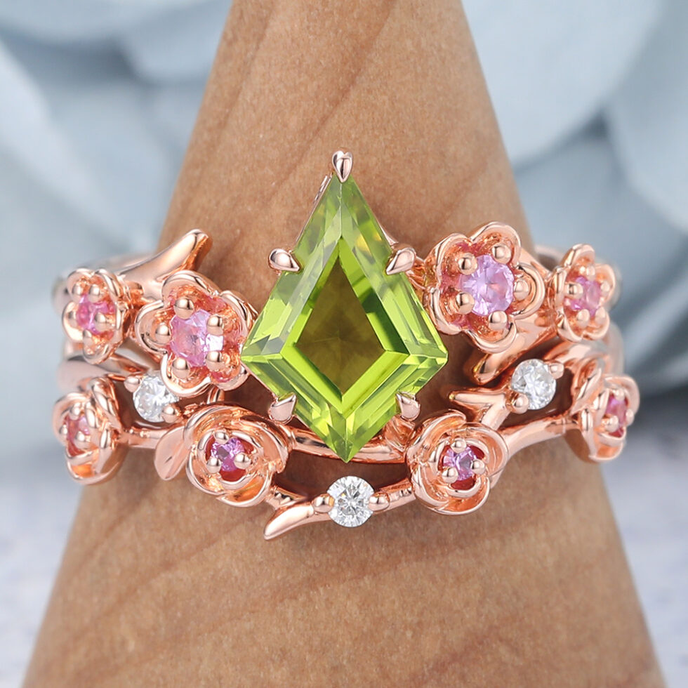 Kite Cut Peridot Bridal Ring Set Nature-Inspired Engagement Ring