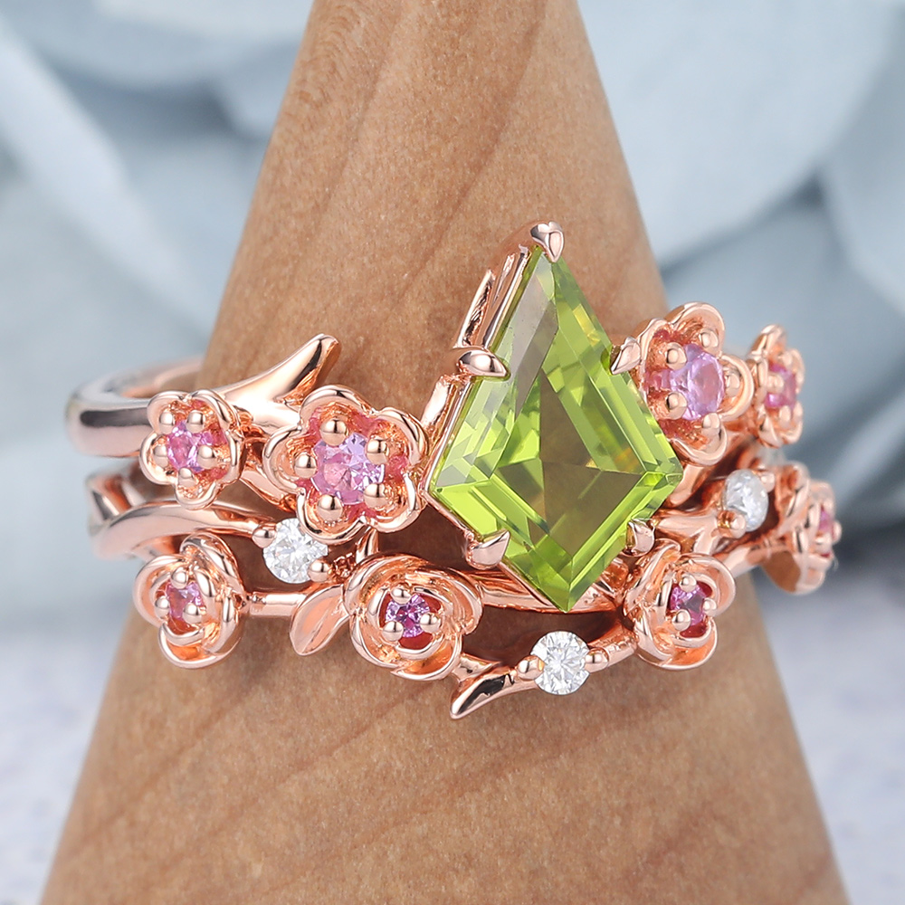 Kite Cut Peridot Bridal Ring Set Nature-Inspired Engagement Ring (3) Kite Cut Peridot Bridal Ring Set Nature-Inspired Engagement Ring (3)