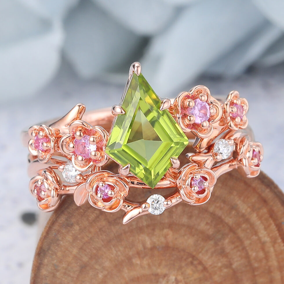 Kite Cut Peridot Bridal Ring Set Nature-Inspired Engagement Ring