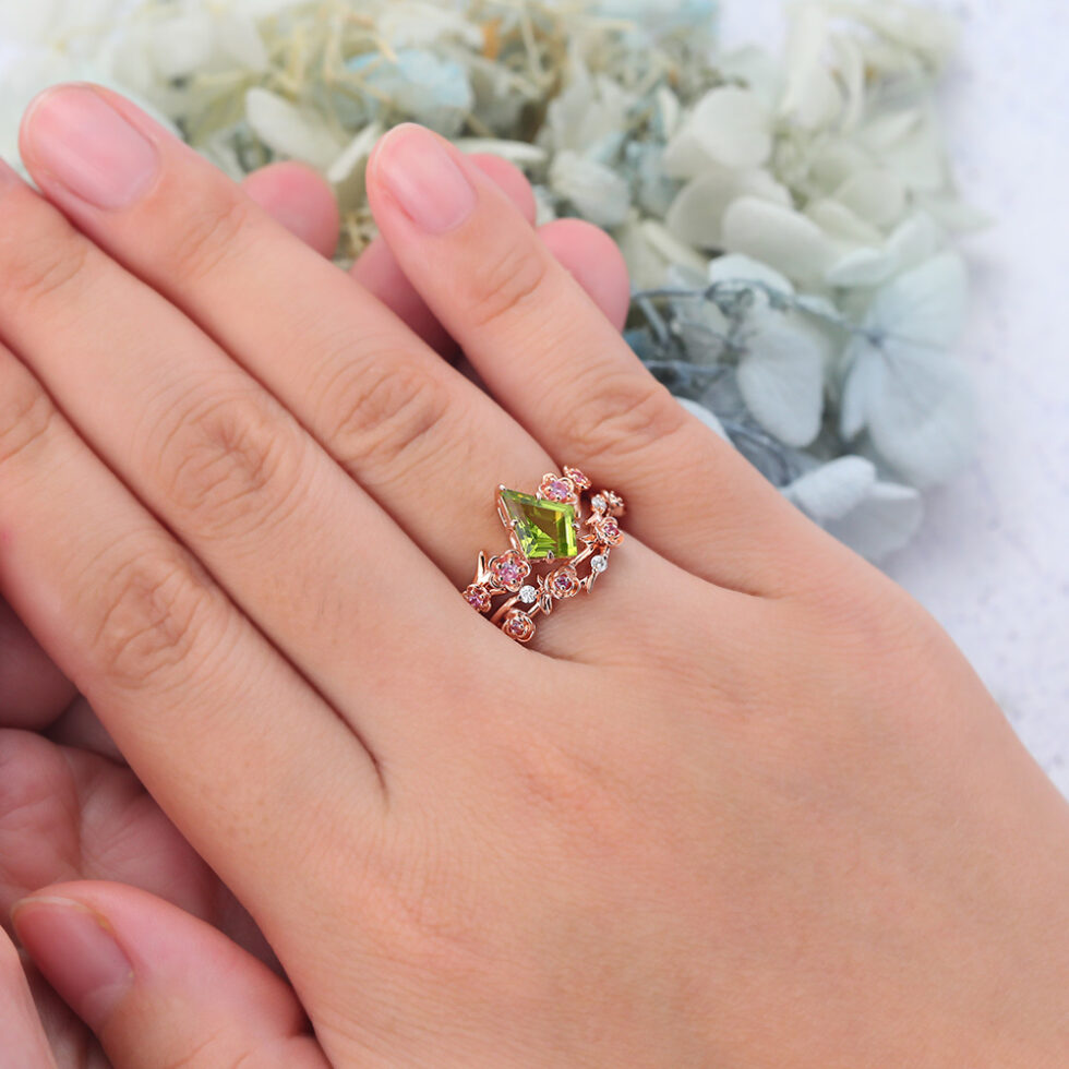 Kite Cut Peridot Bridal Ring Set Nature-Inspired Engagement Ring