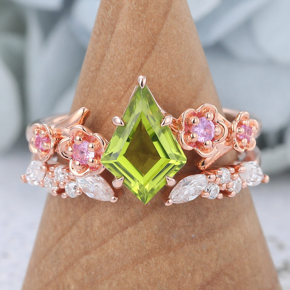 Kite Cut Peridot Nature-Inspired Bridal Ring Set with Pink Sapphire Accents