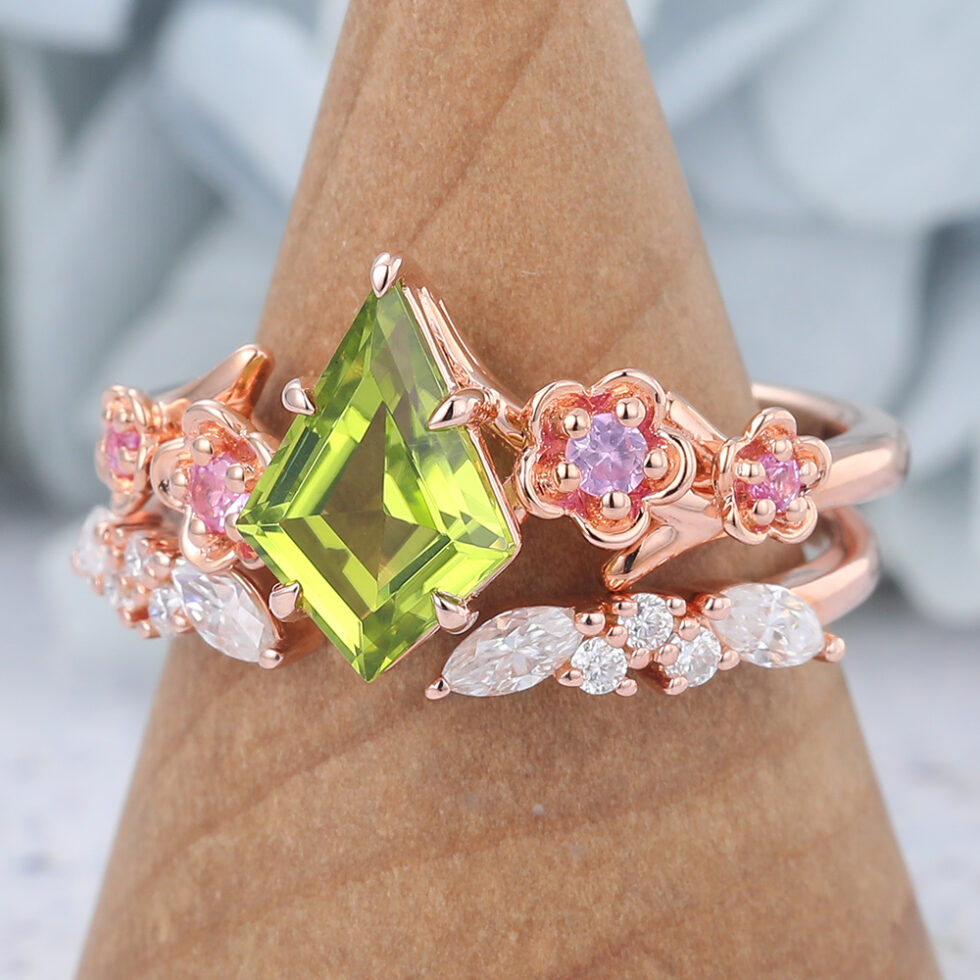Kite Cut Peridot Nature-Inspired Bridal Ring Set with Pink Sapphire Accents