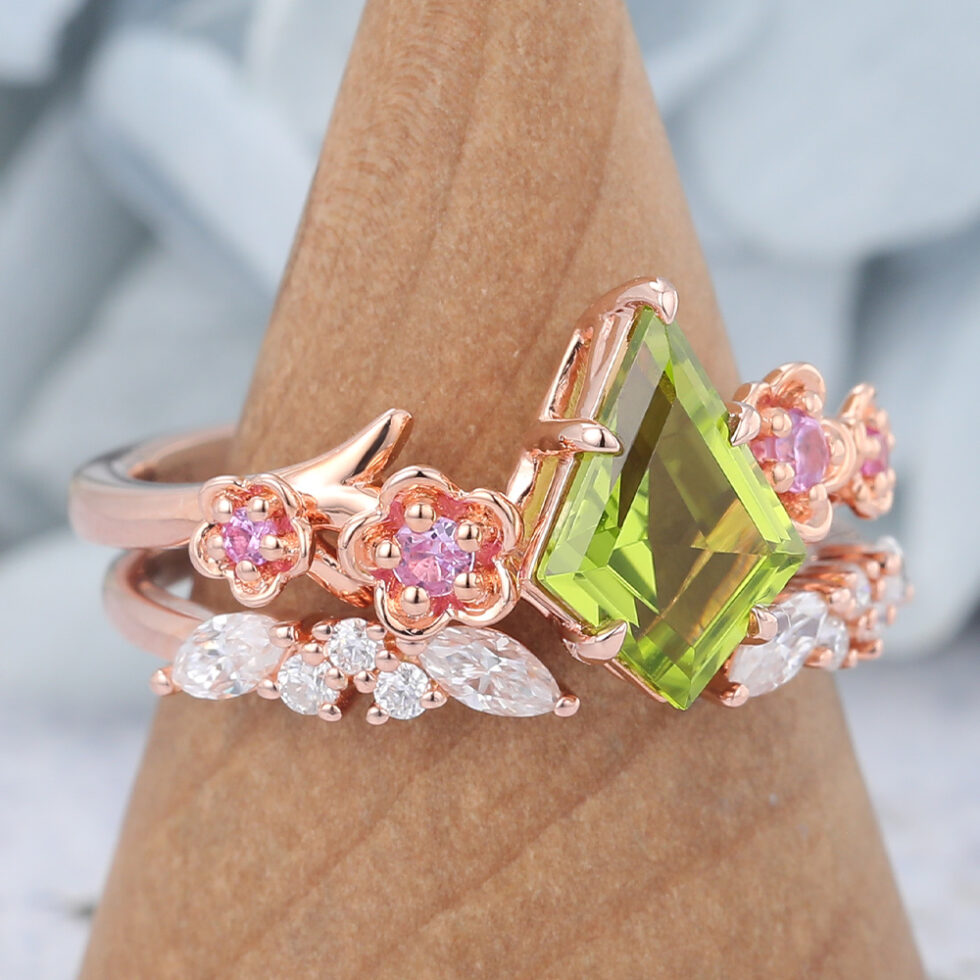 Kite Cut Peridot Nature-Inspired Bridal Ring Set with Pink Sapphire Accents