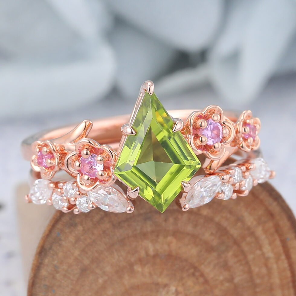 Kite Cut Peridot Nature-Inspired Bridal Ring Set with Pink Sapphire Accents