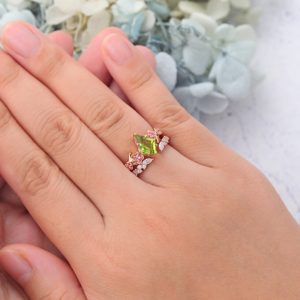 Kite Cut Peridot Nature-Inspired Bridal Ring Set with Pink Sapphire Accents