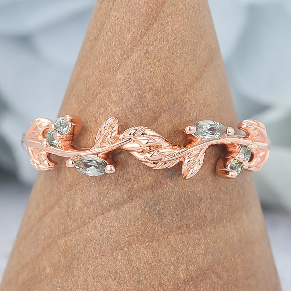 Leaf-Inspired Marquise Green Sapphire Curved Wedding Band