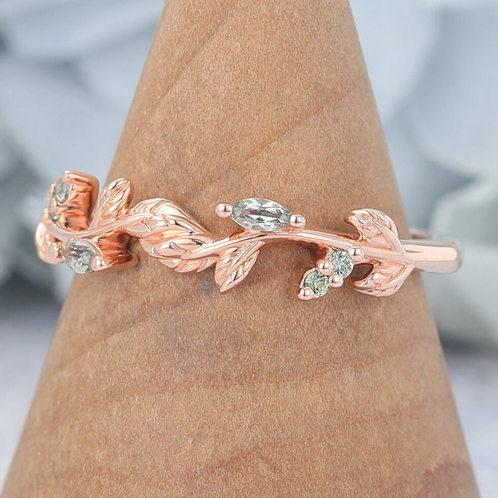 Leaf-Inspired Marquise Green Sapphire Curved Wedding Band