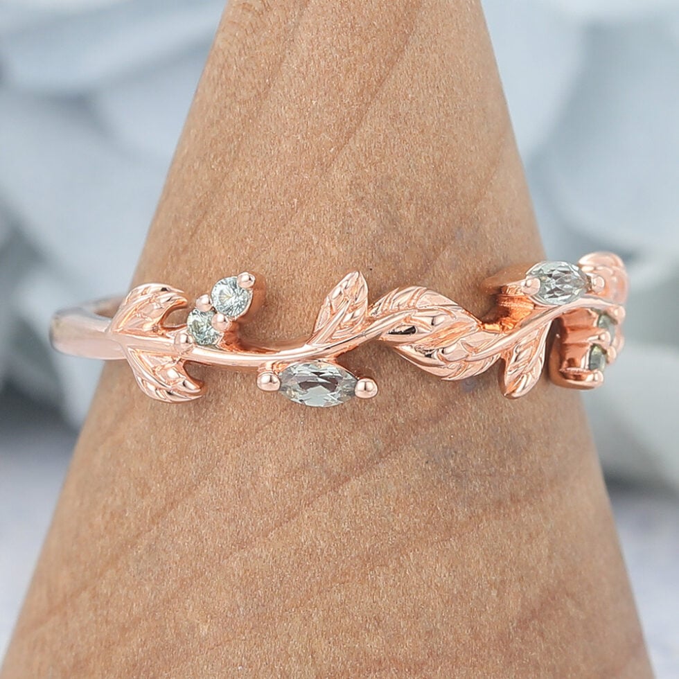 Leaf-Inspired Marquise Green Sapphire Curved Wedding Band