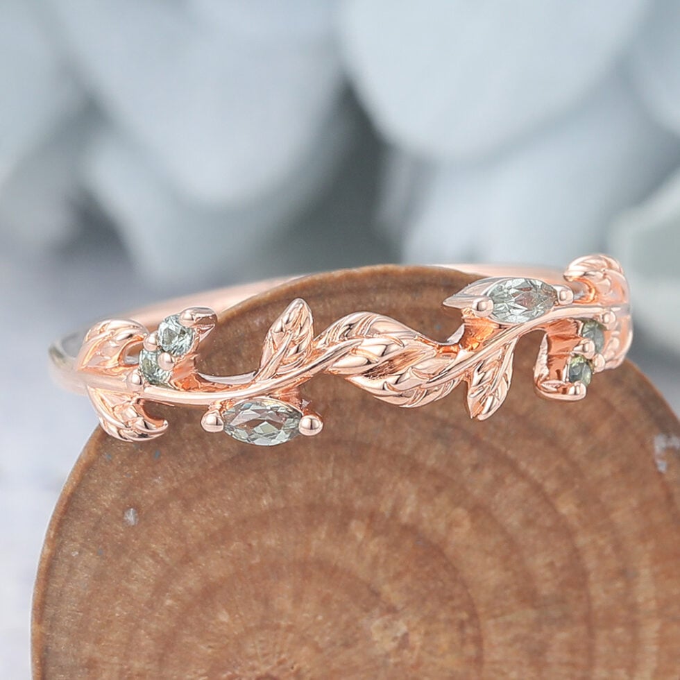 Leaf-Inspired Marquise Green Sapphire Curved Wedding Band