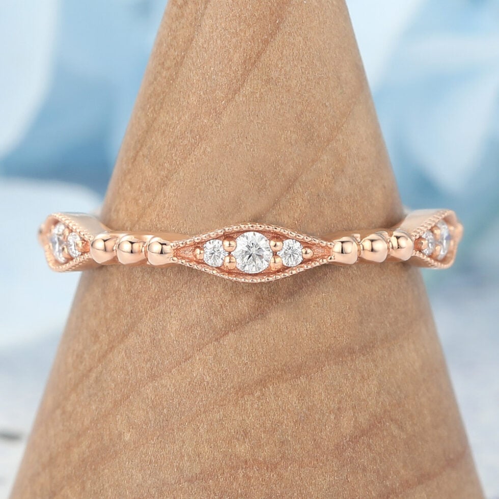 Vintage Beaded Moissanite Wedding Band Eternity Ring