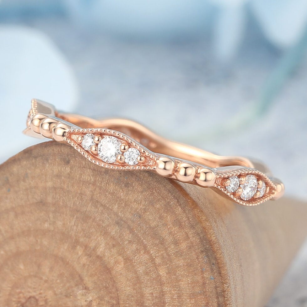 Vintage Beaded Moissanite Wedding Band Eternity Ring