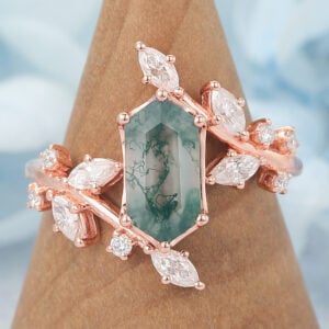 Long Hexagon Cut Moss Agate Engagement Ring Natural-Inspired Bypass Band