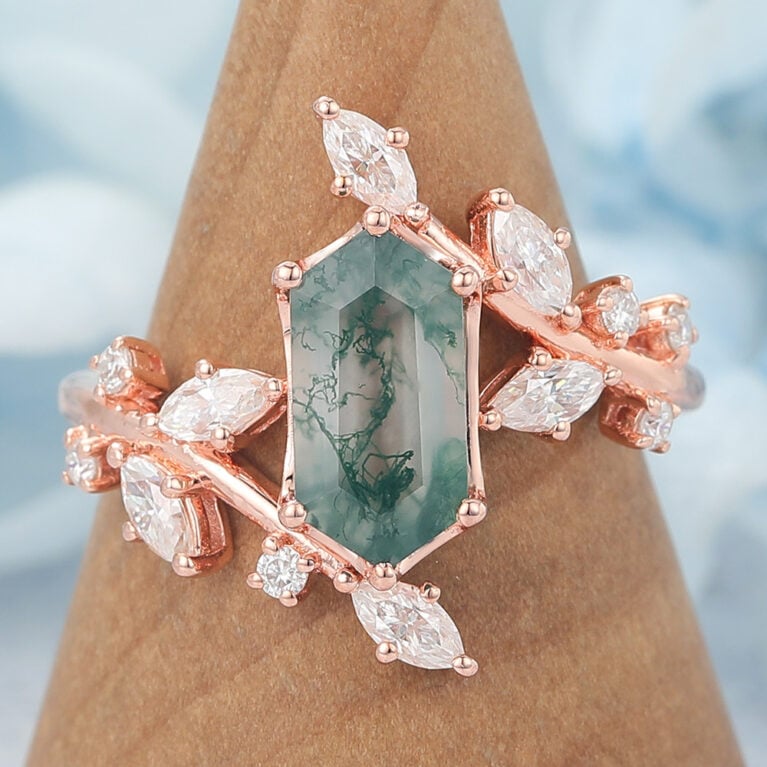 Long Hexagon Cut Moss Agate Engagement Ring Natural-Inspired Bypass Band