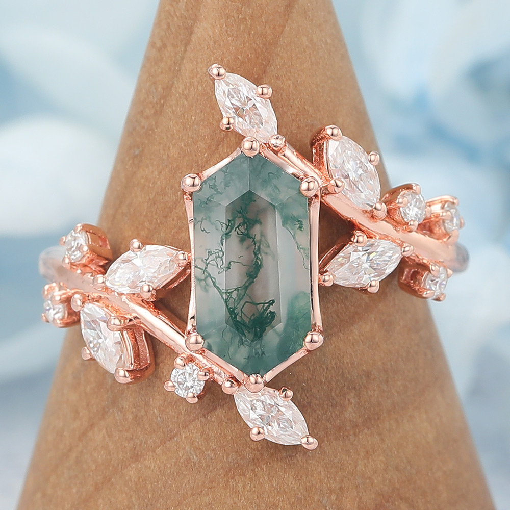 Long Hexagon Cut Moss Agate Engagement Ring Natural-Inspired Bypass Band