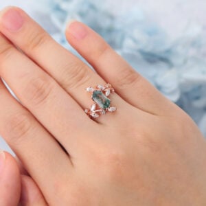 Long Hexagon Cut Moss Agate Engagement Ring Natural-Inspired Bypass Band