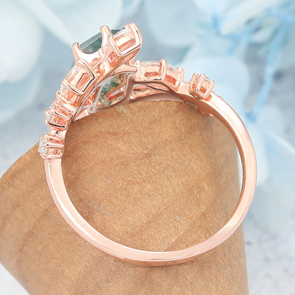 Long Hexagon Cut Moss Agate Engagement Ring Natural-Inspired Bypass Band