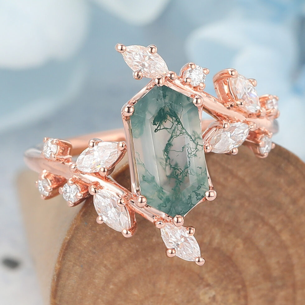 Long Hexagon Cut Moss Agate Engagement Ring Natural-Inspired Bypass Band