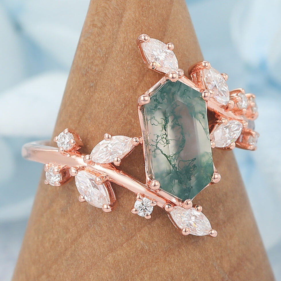 Long Hexagon Cut Moss Agate Engagement Ring Natural-Inspired Bypass Band
