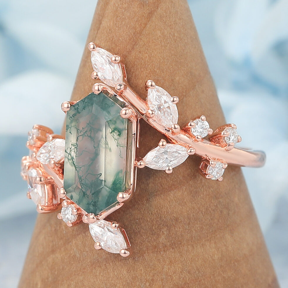 Long Hexagon Cut Moss Agate Engagement Ring Natural-Inspired Bypass Band