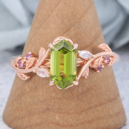 Long Hexagon Cut Peridot Engagement Ring Branch Inspired Leafy Ring
