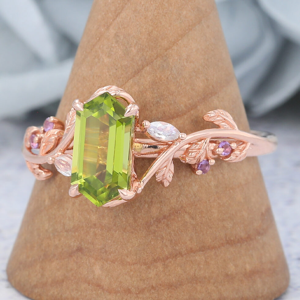 Long Hexagon Cut Peridot Engagement Ring Branch Inspired Leafy Ring