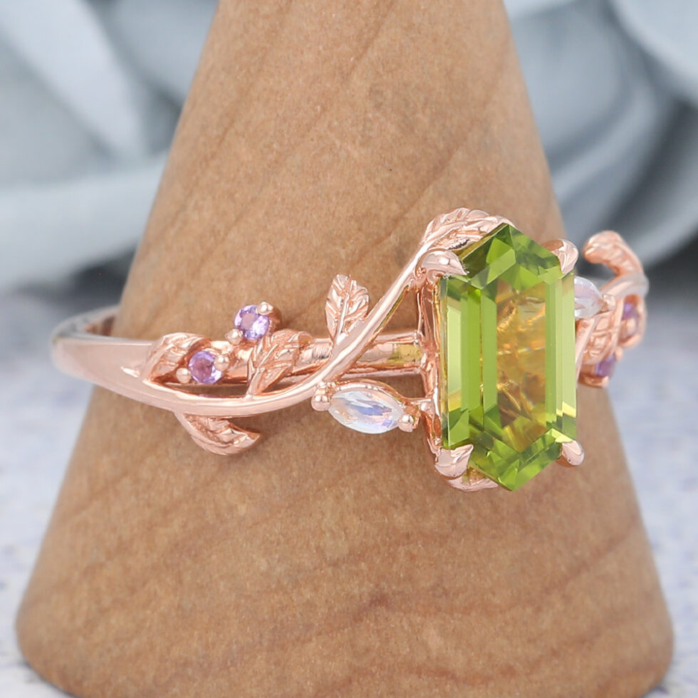 Long Hexagon Cut Peridot Engagement Ring Branch Inspired Leafy Ring
