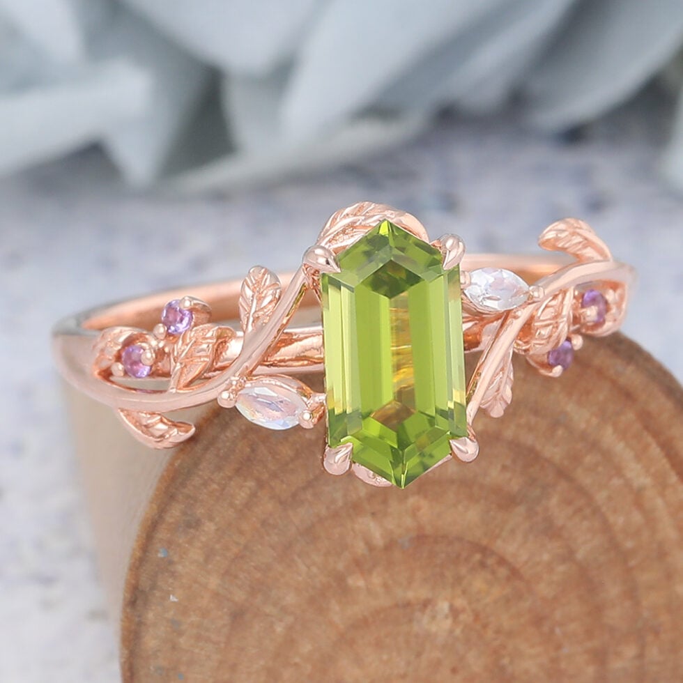 Long Hexagon Cut Peridot Engagement Ring Branch Inspired Leafy Ring