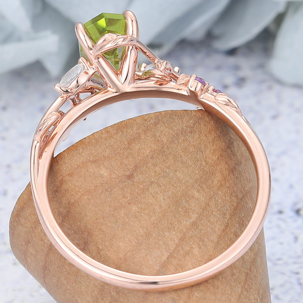 Long Hexagon Cut Peridot Engagement Ring Branch Inspired Leafy Ring